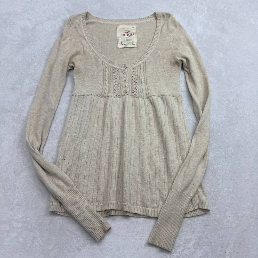 Hollister Women's Tan Long Sleeve Knit Sweater Size L Cotton Rabbit Hair Blend